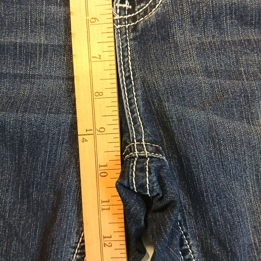 Love Indigo Bootcut Jeans Embroidered Cross Flap Pockets Glam 34x29 McBling Y2K - Picture 4 of 11